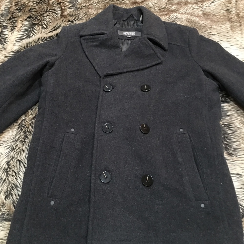 Kenneth Cole Reaction Double Breasted Wood Blend Pea Coat Charcoal Gray *Size S*